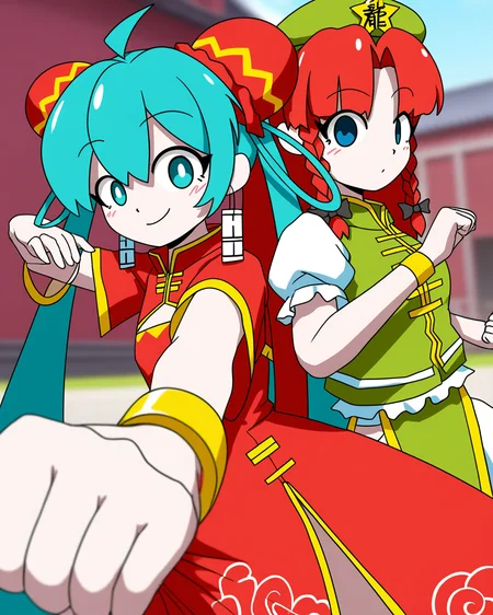 best quality, highres, masterpiece, very awa, newest, 2024,outdoors, touhou, scarlet devil mansion, artist:zun, zun \(style\), blurry background,
2girls, chinamiku,hong meiling, chinese clothes, blush, clothes tug, red dress, cleavage cutout, hatsune miku, back-to-back, fighting stance, green dress, hat, hip vent, foreshortening, looking at viewer, hand up,
<lora:odochina:.8>
