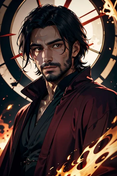 Master piece, highest quality, highest possible OverallDetail ,
Create an elder of a demonic sect.
The character looks like he is in his late twenties or early thirties. He is handsome.
He has black shoulder-length shaggy hair.
His outer robe is black and the inner robe is dark red.
no beard
His eyes are dark red. Detailed face. Red robe.