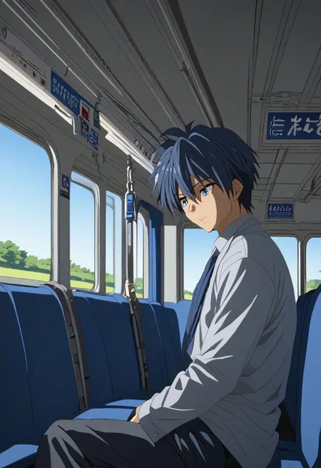 high resolution, solo, best quality, 1Boy, Tomoya Okazaki, Grey Blue Hair, train, inside train, OverallDetail