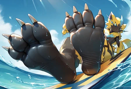 <lora:SlimesZeraora:1>, score_9, score_8_up, score_7_up, slimes_zeraora, solo, dark feet, 3 toes, foot focus, feet style, foot style, water, surfing, feet on surfboard, wet on feet, close-up