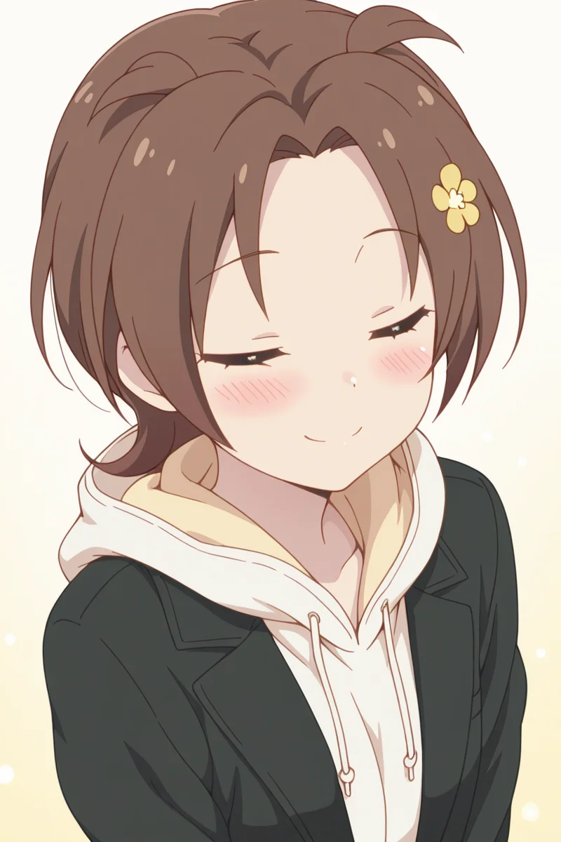masterpiece, best quality, amazing quality,
<lora:Yuzu_IL:1> yuzu, solo, closed eyes, brown hair, smile, hood, hair flower, hoodie, 1girl, jacket, blush