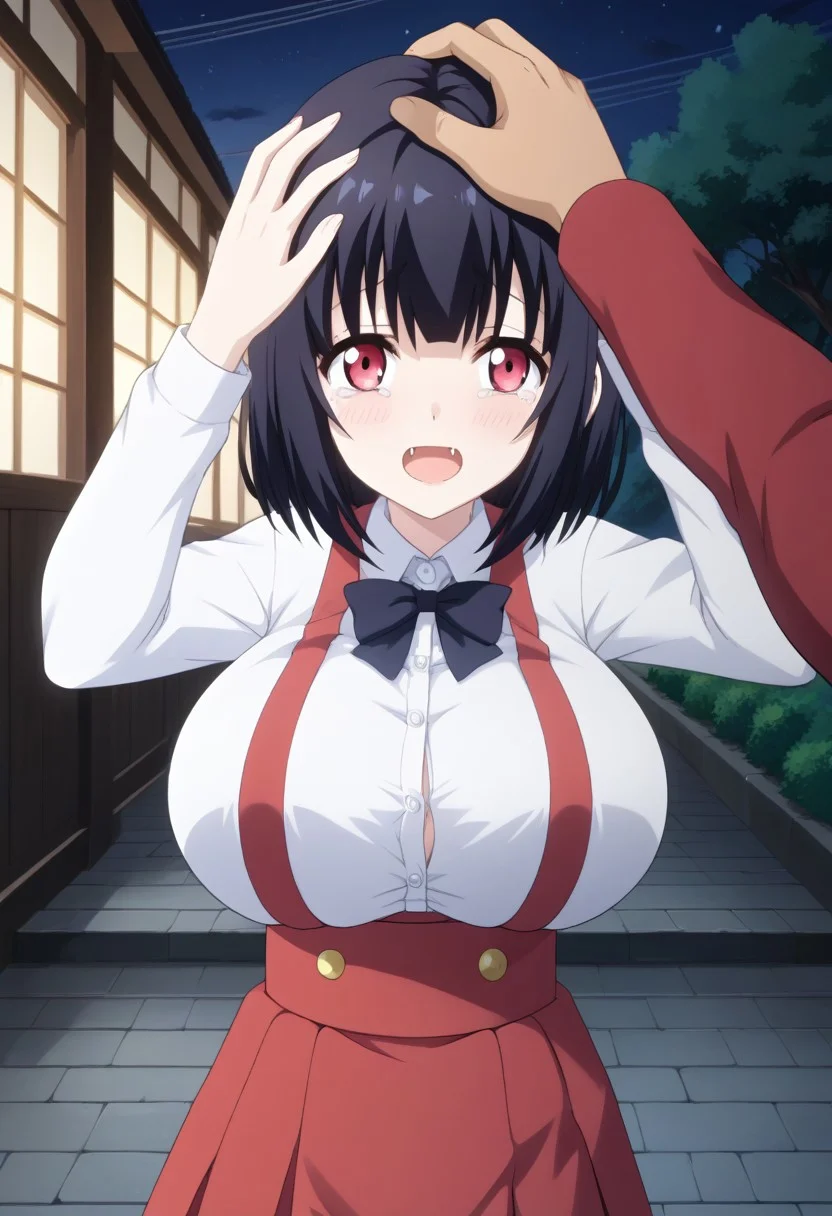 score_9,score_8_up,score_7_up,score_6_up, source_anime, BREAK,
(headpat, 1boy pov hands), (upper body shot),
Hiraki Hanako, solo, 1girl, (huge breasts), pale skin, short hair, black hair, bangs, red eyes, fangs, school uniform, collared shirt, white shirt, long sleeves, high-waist skirt, suspenders, red skirt, mini skirt, white socks, loafers,
surprised, (tears:1.2), (tear drops), looking up, crows pose,
outdoors, (at night:1.3),