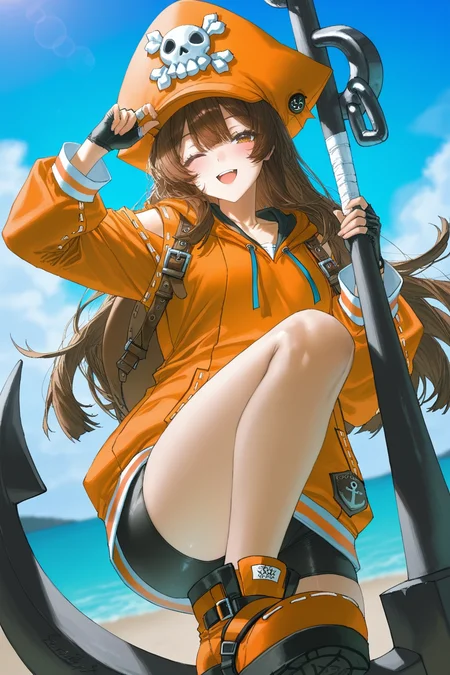 may \(guilty gear\), guilty gear, 1girl, brown eyes, brown hair, long hair, orange headwear, fingerless gloves, pirate hat, orange hoodie, black gloves, bike shorts, skull and crossbones, anchor, orange hat, ailasagna, masterpiece, best quality, high quality, highly detailed, good quality, newest