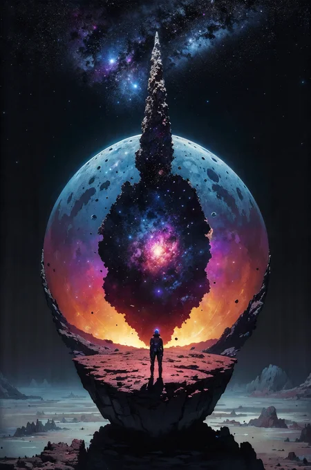 (masterpiece:1.2), (photo of a lone futursitic entity, their spacesuit reflecting the nebulae and distant galaxies, on the edge of a crater on a desolate moon, A lone flower, a vibrant splash of color against the grey landscape grows from a crack in the rock:1.1), (art by Karel Thole:1.4), (close-up shot:1.1), (hyperdetailed:1.1), (intricate details:1.0), (Refined details:1.1), (best quality:1.1), (high resolution:1.2)