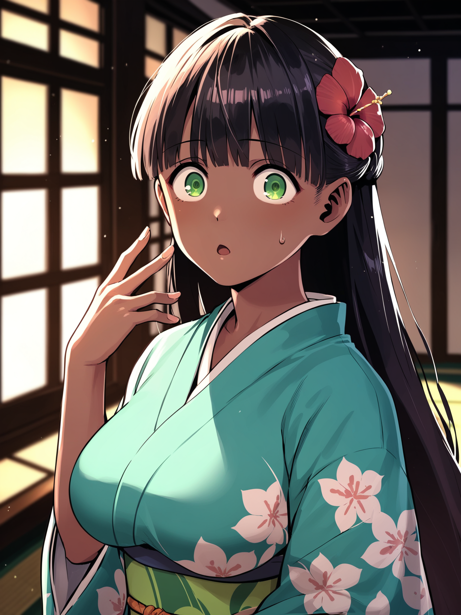 <lora:happy_tentacle-ranee-v0.4-000028:1>, ht_ranee, dark-skinned female, hair flower, black hair, green eyes, large breasts, kimono, indoors , 1girl, solo, upper body , jitome , ( surprised :1.2), , looking at viewer , , facing viewer , score_9, score_8_up, score_7_up, score_6_up, score_5_up, score_4_up