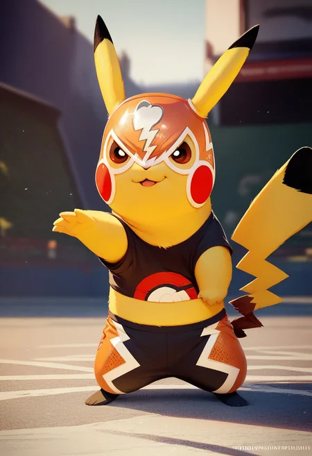 score_9, score_8_up, score_7_up, score_6_up, score_5_up, score_4_up, pikachu_libre, solo, establishing shot, standing, looking at viewer, masterpiece, best quality, feral