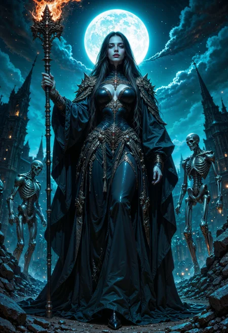 a dark, mystical scene. The central figure is a woman with pale skin and long, flowing hair, wearing an elaborate, gothic-style black dress with intricate details. She holds a staff with a glowing, fiery tip in one hand, and her expression is intense and commanding. Surrounding her are several skeletal figures, positioned in various poses, adding to the eerie atmosphere. The background is a desolate landscape with jagged, ruined structures under a full moon, casting a blue, ethereal light over the scene. The overall color palette is dominated by shades of blue and black, enhancing the mysterious and supernatural theme of the artwork.