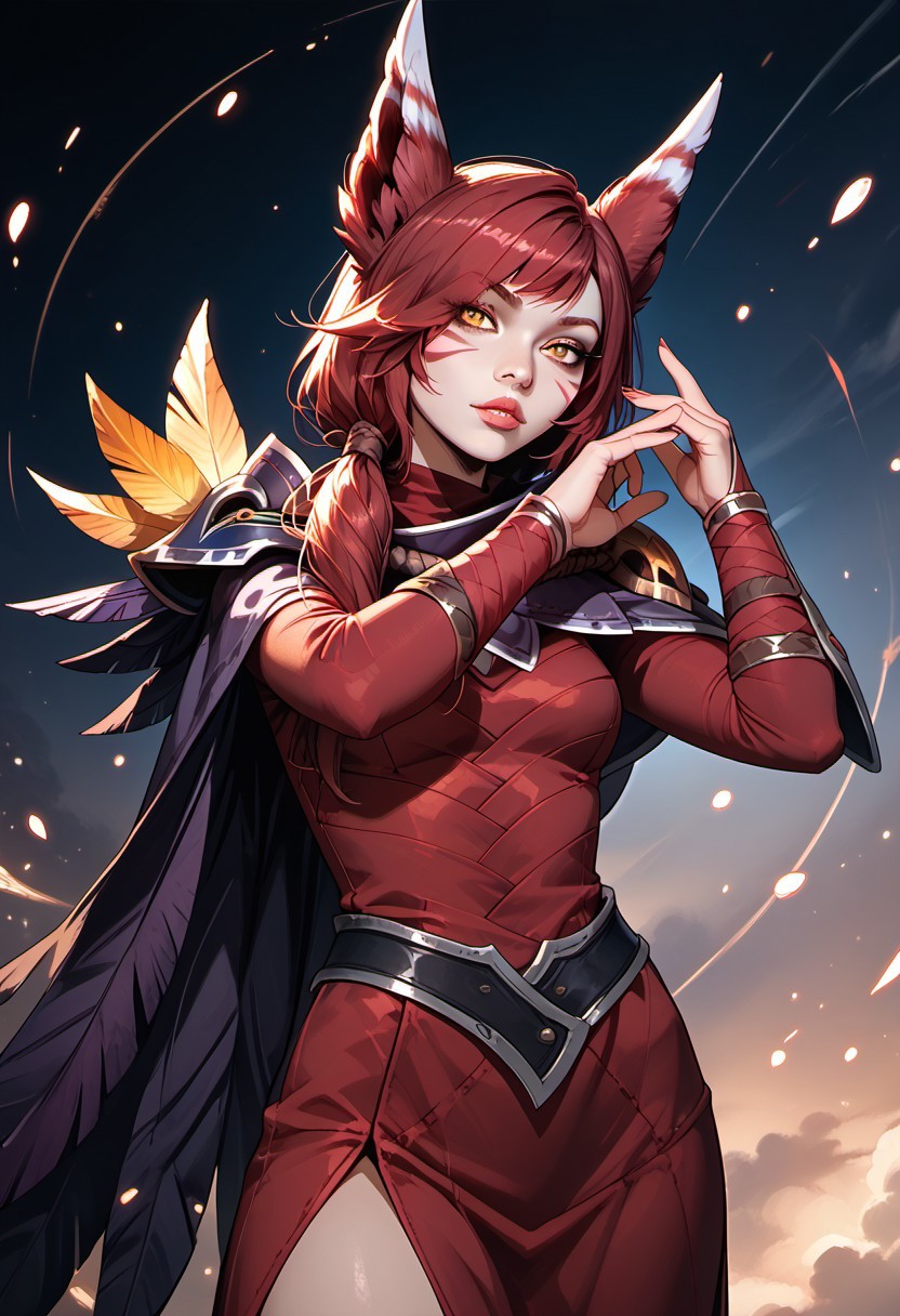 masterpiece,best quality, highly detailed, score_9, score_8_up, score_7_up, score_6_up, score_5_up, score_4_up, ((zPDXL3)), ((zPDXLxxx)), solo, 1girl, XayahNormal, 1girl, solo, red animal ears, facial marks, yellow eyes, red long hair, vambraces, feather cloak, red leather dress, Expressiveh, 30yo, adult lustful confident woman, petite, slender body, perky saggy natural breasts, full lips, bangs, sidelocks, straps,
chinese magical sorceress, animated, swirling magic, wisps of magic, dancing pose, tight squeezed outfit, magical accessories, evoking motion, conveying motion, dynamic splash art