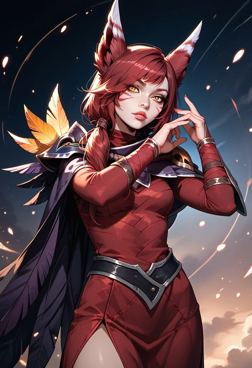 masterpiece,best quality, highly detailed, score_9, score_8_up, score_7_up, score_6_up, score_5_up, score_4_up, ((zPDXL3)), ((zPDXLxxx)), solo, 1girl, XayahNormal, 1girl, solo, red animal ears, facial marks, yellow eyes, red long hair, vambraces, feather cloak, red leather dress, Expressiveh, 30yo, adult lustful confident woman, petite, slender body, perky saggy natural breasts, full lips, bangs, sidelocks, straps,
chinese magical sorceress, animated, swirling magic, wisps of magic, dancing pose, tight squeezed outfit, magical accessories, evoking motion, conveying motion, dynamic splash art