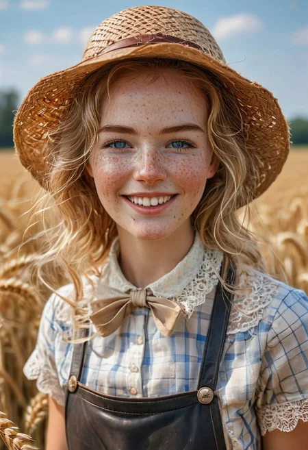epiCRealism, 1girl, portrait of a farmer girl, bellissima, petit, slender, open smile, wearing leather apron over a checkered white and beige blouse, short sleeves, lace collar and lace on sleeves' rim, neck bow, messy and wavy blond hair, clean blue eyes, natural beauty, no makeup, big eyes, freckles, large torn straw pointy hat , honest and cute face, wheat field being harvested in the background, hot summer day, sweat brow and temples, warm smile, parted lips, art by mooncryptowow, Detailed natural skin and blemishes without-makeup and acne