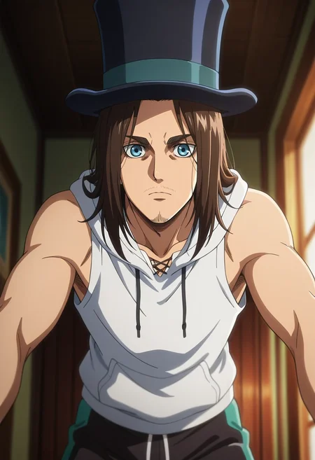masterpiece, best quality, , anime screencap, , official style, looking at viewer, depth of field, 1boy, solo, male focus, <lora:eren_yeager_ilxl:0.9>, eren_yeager_s4, brown hair, blue eyes, long hair, facial hair, stubble, , Ikat Emerald Track shorts, Sleeveless hoodie, , Top hat,