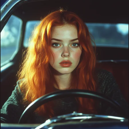ArsMovieStill, movie still from a 1990s indie movie, The image shows a woman with long red hair sitting in the driver's seat of a car her face illuminated by the light of the car's steering wheel., 1girl, solo, freckles, long hair, realistic, looking at viewer, lips, blonde hair, car, ground vehicle