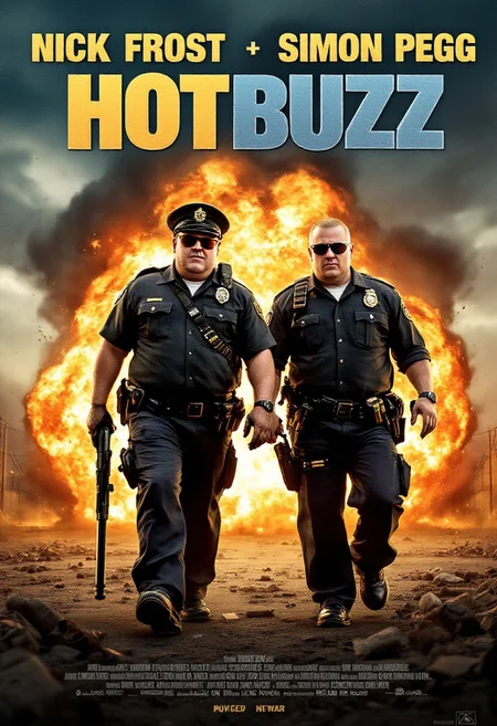 A real movie poster for "Hot Buzz" featuring actors NICK FROST and SIMON PEGG in their 30s dressed as British policemen. Nick Frost is 35 years old, fat, and wearing a British policeman hat. Simon Pegg is also 35 years old, and skinny with light hair buzzed short.
Simon Pegg is wielding a shotgun in each hand. He shotgun ammunition belts draped across his torso. He is wearing reflective sunglasses. 
They are walking away from a massive explosion behind them.
The movie poster has the words "HOT BUZZ" on it in huge letters. It has text on it like a movie poster.