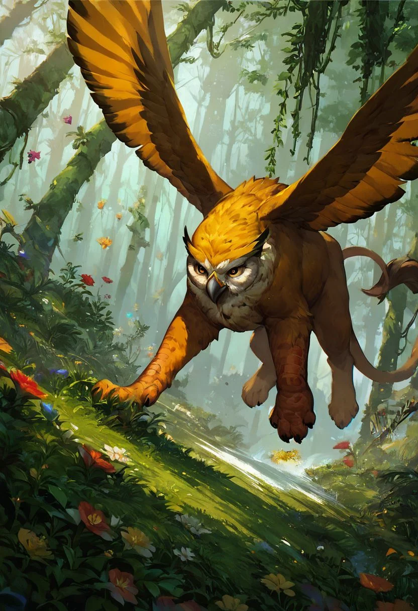 score_9, score_8_up, 8, score_7_up, score_6_up, solo,  owl head, beak, quadruped yellow bear, gryphon, wings, rushing in the lush green forest, dutch angle, flowers, colorful