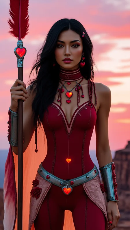 Ayla Rosehawk radiates fierce grace, her bronze skin glowing under the soft light of a pink-hued sunset. Her jet-black hair cascades in glossy waves, adorned with crimson beads, delicate feathers, and tiny silver charms shaped like hearts. Her almond-shaped eyes, lined with scarlet accents, hold an intensity that speaks of a protectorâs resolve and a loverâs passion.
Her suit is a fusion of tradition and modern elegance: a sleek crimson bodysuit with intricate floral embroidery and heart-shaped accents, cinched with a shimmering belt of silver and turquoise. A high-collared cape of sheer, flowing fabric trails behind her, blending shades of red and rose gold with delicate patterns of feathers and roses. Her arms are adorned with ornate bracers, and a choker bearing a glowing ruby pendant rests at her throat. Posed atop a towering mesa, Ayla holds a red feathered staff tipped with a luminous heart-shaped gem, her silhouette framed by the glowing horizon as she prepares to defend love and unity.
Perfect hand, Detailed hand, JordynMixer, CerysMixer