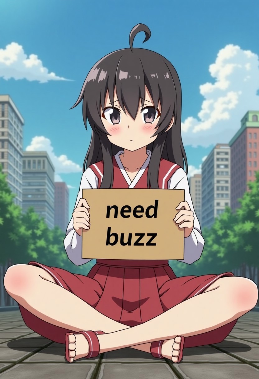 konosuba megumin, sitting, legs in lotus position, anime city in the background, between legs there is a sign "need buzz" sad face, looking at the viewer