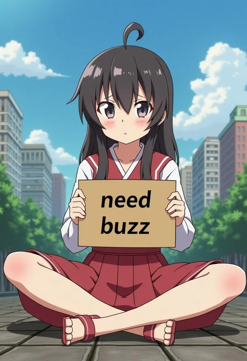 konosuba megumin, sitting, legs in lotus position, anime city in the background, between legs there is a sign "need buzz" sad face, looking at the viewer