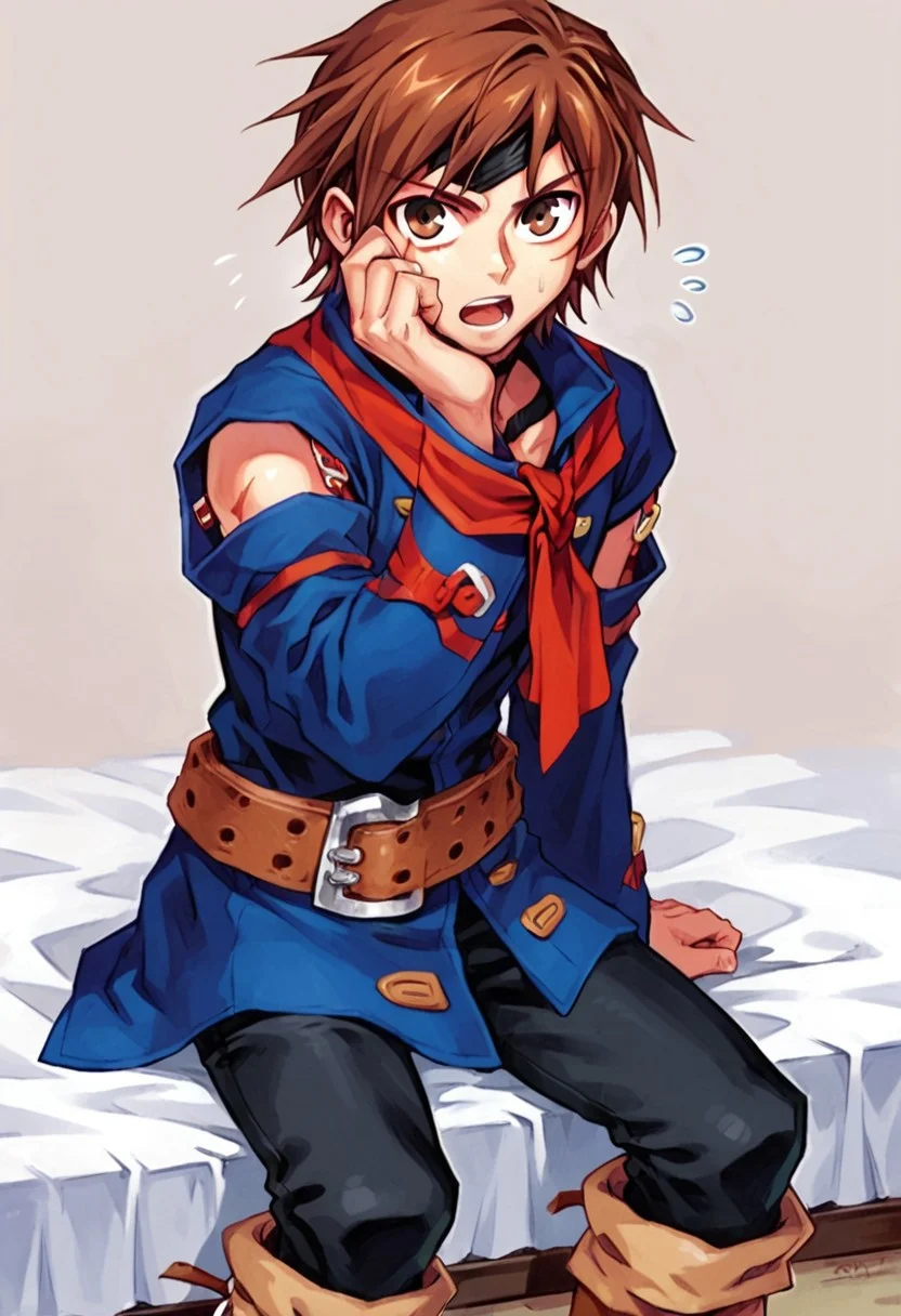 score_7_up, score_8_up, score_9_up, BREAK, vyse, brown hair, short hair, scar on face, brown eyes, eyepatch removed, looking at viewer, mildly surprised, open mouth, sweatdrop, red neckerchief, blue tunic, detached sleeves, belt, black pants, knee boots, sitting on bed, male focus, solo, adjusting hair, bedroom