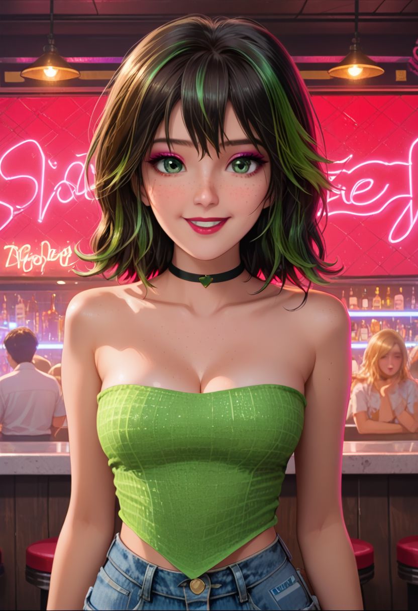 score_9, score_8_up, score_7_up, source_anime, source_cartoon, mrls, (by horosuke), rating_questionable,
detailed background, at the bar, neon lights, depth of field, 
BREAK
1girl, solo focus, tall, black hair, shoulder length straight hair, green highlights, bangs, (green eyes, eyeshadow), lipstick, freckles, large boobs,  
black choker, bnd_top, strapless, bare shoulders, cleavage, jean shorts, black thigh highs, black boots,
BREAK
Expressiveh, happy, looking at viewer,
contrapposto