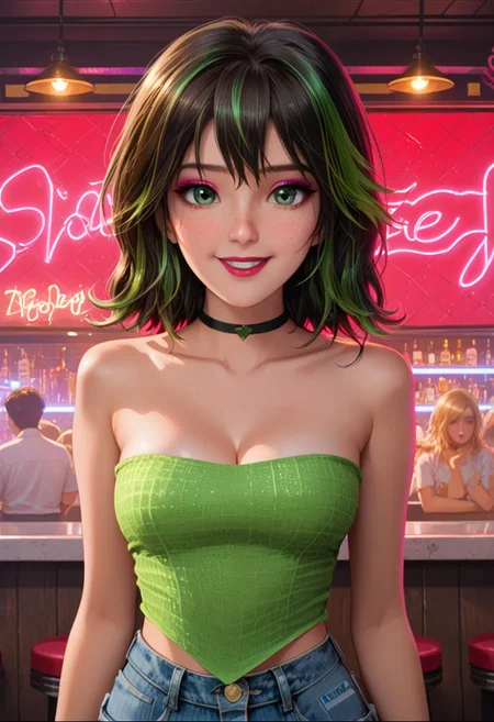 score_9, score_8_up, score_7_up, source_anime, source_cartoon, mrls, (by horosuke), rating_questionable,
detailed background, at the bar, neon lights, depth of field, 
BREAK
1girl, solo focus, tall, black hair, shoulder length straight hair, green highlights, bangs, (green eyes, eyeshadow), lipstick, freckles, large boobs,  
black choker, bnd_top, strapless, bare shoulders, cleavage, jean shorts, black thigh highs, black boots,
BREAK
Expressiveh, happy, looking at viewer,
contrapposto