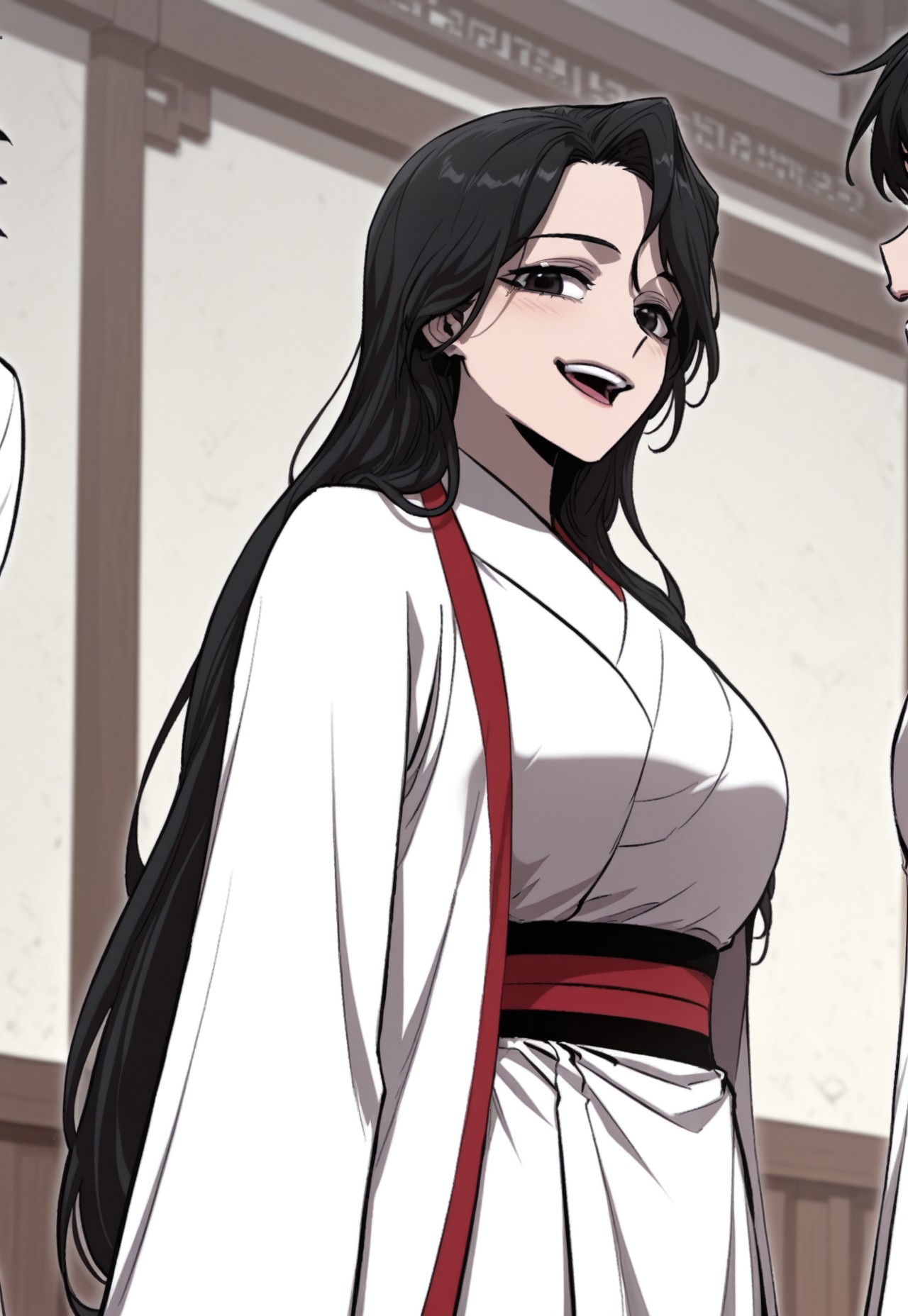 score_9, score_8_up, score_7_up, source_anime, S.Queen, dark eyes, black hair, long hair, martial art clothes, durumagi coat, cowboy shot, looking at viewer, smile, open mouth, light blush, from side