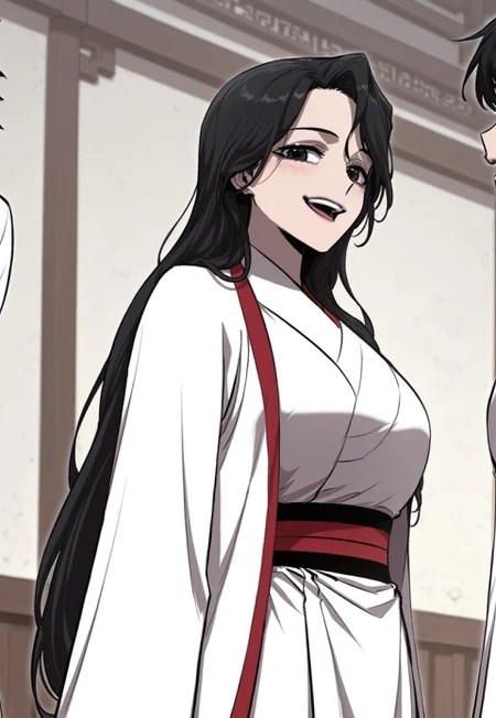 score_9, score_8_up, score_7_up, source_anime, S.Queen, dark eyes, black hair, long hair, martial art clothes, durumagi coat, cowboy shot, looking at viewer, smile, open mouth, light blush, from side