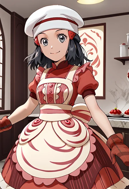 Twirling with dress flying up,  smile,  indoors,  1girl, <lora:DawnPony:1>  Dawn_Vallentine, medium hair, black hair, grey eyes, hair ornament, chef hat, white apron, buttons, red dress, short sleeves, red mittens, red footwear,