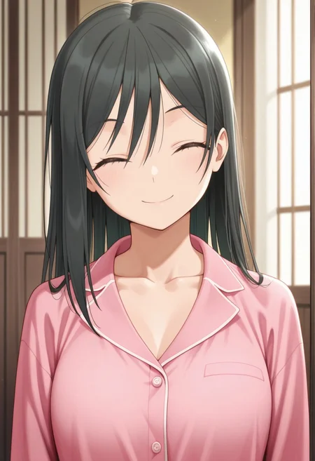 masterpiece,best quality,amazing quality, yae amagami, long hair, black hair, green eyes, 1girl, solo, closed eyes, smile, pajamas, upper body, closed mouth, shirt, facing viewer, collarbone