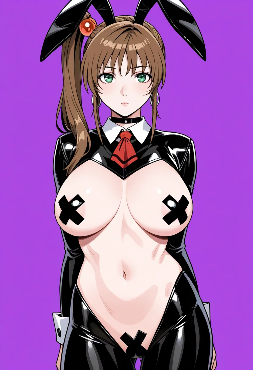 masterpiece, best quality,
1girl, solo,
standing, cowboy shot,
looking at viewer,
<lora:Kurumi_Imari:1> K0r0m11Im4r1, side ponytail, long hair, brown hair, hair bobbles, hair ornament, green eyes, large breasts,
reverse bunnysuit, cross pasties, choker, rabbit ears, hoop earrings, jewelry,
simple background, violet background,
