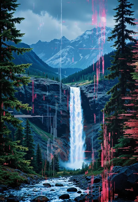 Create a highly detailed, high-resolution image of an hologram projecting an breathtaking scene - a majestic waterfall in a pristine winter landscape. Evergreen trees surround both sides of the falls and the river below ,the water returning to it's serene state after the violent fall from above. Far beyond the waterfall,snow-capped mountains are visible through low clouds.
Vertical glitches where the hologram is failing are showing the circuits behind the image, fragments of neon blue and green circuitry and pulsing blue energy lines reveal themselves. These technological anomalies add an intriguing layer of depth and complexity to the otherwise breathtaking natural scenery.,<lora:flux.1_lora_flyway_Epic-detail_v2:0.8>,<lora:Glitchcore_Flux:1.4>,gl1tchc0re,glitch,glitched,glitched graphic,abstract glitch,glitch texture,<lora:bo-digitalabstract:0.8>,bo-digitalabstract, <lora:Glitch Style:1.2> glitch, flickering, digital, glitch style