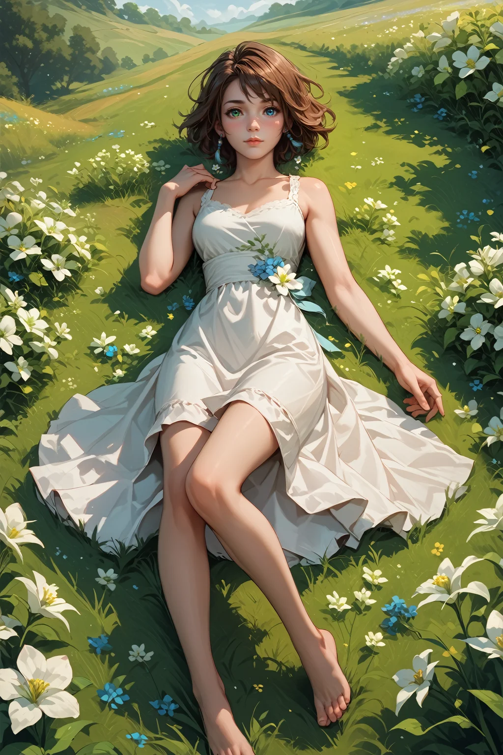 score_9, score_8_up, score_7_up, score_6_up
<lora:FFYuna:0.8>
FFYuna, 1girl, brown hair, short hair, blue eyes, green eyes, heterochromia, lying down in a field of white flowers, dress, barefoot, looking at viewer, blushing