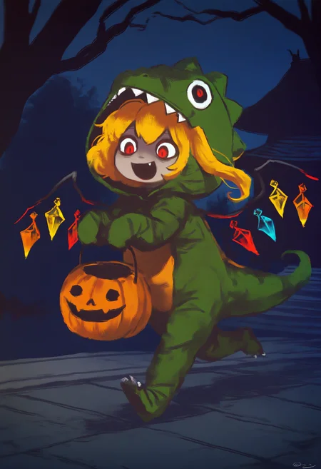 (orenji \(wholesomeorenji\):0.8), (koto inari:0.7), (horror \(theme\):0.8), 1girl, solo, flandre scarlet, wings, alternate costume, dinosaur costume, dinosaur hood, running, :d, fang, holding halloween bucket, halloween costume, night, darkness, outdoors, hakurei shrine, sidewalk, best quality, amazing quality, very aesthetic, absurdres
<segment:yolo-Anzhc_Face_seg_1024_v2_y8n.pt,0.4,0.8//cid=1>