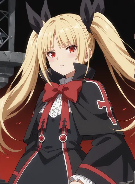 score_9, score_8_up, score_7_up, score_6_up, score_5_up, score_4_up, source_anime, anime screencap, masterpiece, insanely detailed, detailed background, zPDXL3, BREAK, RachelAlucardBB,1girl,solo,long hair,blonde hair,red eyes,red bow,ribbon,twintails,black hair ribbon,small breasts,frills,red bow,ghotic fashion,black capelet ,red cross pattern,black dress