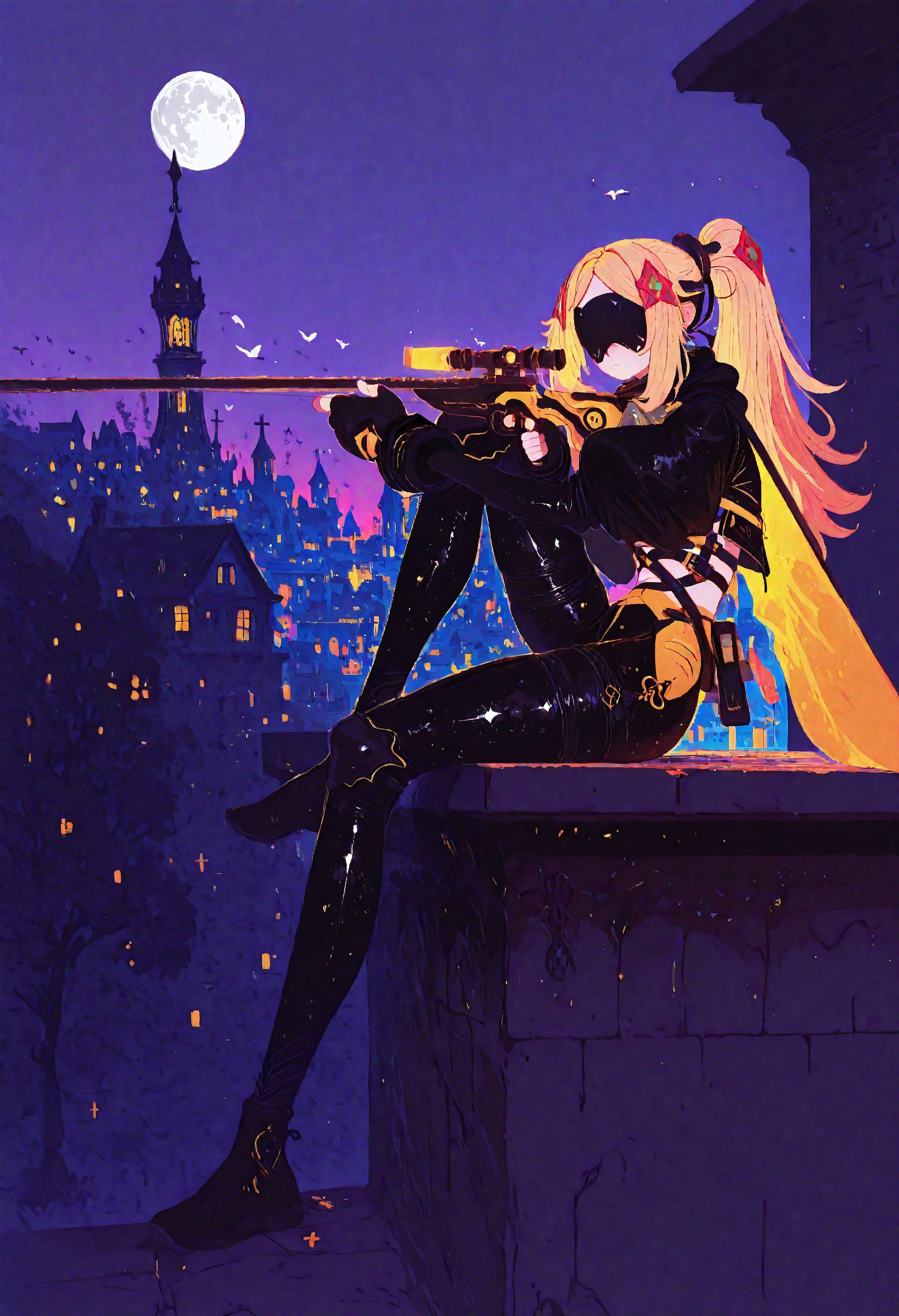 masterpiece, best quality, good quality, very awa, newest, highres, absurdres, 1girl,tr1gg3r, covered eyes, blonde hair, parted bangs, hair intakes, long hair, ponytail, triangle hair ornament, headgear, black blindfold , yellow cape, grey chest guard, pouch, black jacket, cropped jacket, hooded jacket, camouflage jacket, juliet sleeves, harness, multiple straps, camouflage pants, two-tone pants, black pants, yellow pants, thigh strap, knee pads, black gloves, fingerless gloves, holding sniper, sniper on arm, arm on knee, arm on top, thumb grip, aiming, (leg on floor, one leg up:1.3), wrist grab, front view, cross-legged,((sitting on rooftop)), xxx667_illu, outdoors, (scenery in background),sky, tree, window, night, bird, moon, cross, building, night sky, scenery, stairs, city, cityscape, house, lamppost, tower, lights, town, chimney, sketch, glowing, psychedelic, <lora:illustriousXL_stabilizer_v1.23:0.3> <lora:NOOB_vp1_detailer_by_volnovik_v1:0.3> <lora:ponyv6_noobE11_2_adamW-000017:0.3> <lora:114558v4df2fsdf5:0.7> <lora:mon_monmon2133:0.8> 15546+456868 <lora:illustriousXL_stabilizer_v1.23:0.3> <lora:NOOB_vp1_detailer_by_volnovik_v1:0.3> <lora:ponyv6_noobE11_2_adamW-000017:0.3> <lora:114558v4df2fsdf5:0.6> <lora:XXX667:0.4> <lora:mon_monmon2133:0.5>