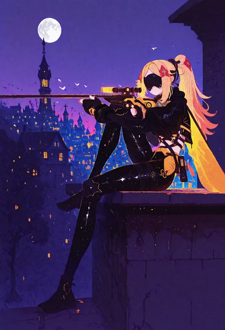 masterpiece, best quality, good quality, very awa, newest, highres, absurdres, 1girl,tr1gg3r, covered eyes, blonde hair, parted bangs, hair intakes, long hair, ponytail, triangle hair ornament, headgear, black blindfold , yellow cape, grey chest guard, pouch, black jacket, cropped jacket, hooded jacket, camouflage jacket, juliet sleeves, harness, multiple straps, camouflage pants, two-tone pants, black pants, yellow pants, thigh strap, knee pads, black gloves, fingerless gloves, holding sniper, sniper on arm, arm on knee, arm on top, thumb grip, aiming, (leg on floor, one leg up:1.3), wrist grab, front view, cross-legged,((sitting on rooftop)), xxx667_illu, outdoors, (scenery in background),sky, tree, window, night, bird, moon, cross, building, night sky, scenery, stairs, city, cityscape, house, lamppost, tower, lights, town, chimney, sketch, glowing, psychedelic, <lora:illustriousXL_stabilizer_v1.23:0.3> <lora:NOOB_vp1_detailer_by_volnovik_v1:0.3> <lora:ponyv6_noobE11_2_adamW-000017:0.3> <lora:114558v4df2fsdf5:0.7> <lora:mon_monmon2133:0.8> 15546+456868 <lora:illustriousXL_stabilizer_v1.23:0.3> <lora:NOOB_vp1_detailer_by_volnovik_v1:0.3> <lora:ponyv6_noobE11_2_adamW-000017:0.3> <lora:114558v4df2fsdf5:0.6> <lora:XXX667:0.4> <lora:mon_monmon2133:0.5>