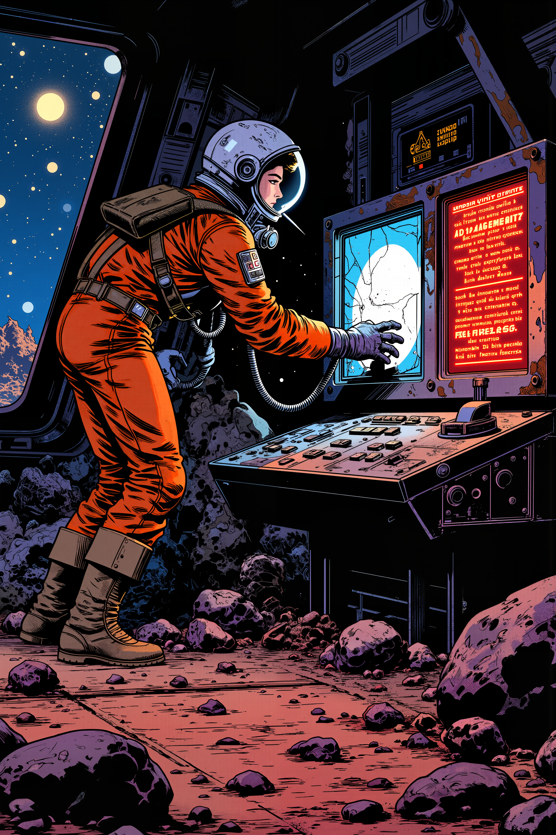 On the deck of a derelict spaceship drifting through a field of shattered asteroids, a scavenger in a rusted pressure suit wipes the dust from a glowing warning screen. The cracked display flickers erratically, broadcasting a looping distress signal in a language last spoken before Earth was lost. Outside the cracked viewport, stars burn cold and distant, their light reflecting off the jagged remains of vessels long forgotten. The scavengerâs boots scrape against the rusted metal floor, the sound swallowed by the oppressive silence of deep space. A single, flickering red light pulses rhythmically on the console, casting eerie shadows against the decayed walls. The words on the screen twist and glitch, shifting between static and something that looks eerily like a countdown. The ship groans, metal warping under unseen forces, as if something vast and hungry stirs in the void beyond. The scavenger exhales, their breath fogging up their cracked visor as they whisper the translation of the message aloud. The words leave their lips just as the countdown reaches zero. , detailed background  Fantastic lighting. Detailed shadows.intricate details, vivid colors, hyper-detailed, ultra-sharp, , , ,meiman_style,This is a retro comic book style digital illustration,  <lora:meimanstylev2:0.4><lora:Vintage comic book:0.4><lora:RetroAnimeFluxV1:0.15><lora:Greg_Capullo_style:0.4><lora:jeanClaude_Mzires_Style_FLUX-000001:0.4><lora:Flux_Ink_Anime:0.4>