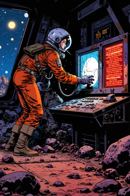 On the deck of a derelict spaceship drifting through a field of shattered asteroids, a scavenger in a rusted pressure suit wipes the dust from a glowing warning screen. The cracked display flickers erratically, broadcasting a looping distress signal in a language last spoken before Earth was lost. Outside the cracked viewport, stars burn cold and distant, their light reflecting off the jagged remains of vessels long forgotten. The scavengerâs boots scrape against the rusted metal floor, the sound swallowed by the oppressive silence of deep space. A single, flickering red light pulses rhythmically on the console, casting eerie shadows against the decayed walls. The words on the screen twist and glitch, shifting between static and something that looks eerily like a countdown. The ship groans, metal warping under unseen forces, as if something vast and hungry stirs in the void beyond. The scavenger exhales, their breath fogging up their cracked visor as they whisper the translation of the message aloud. The words leave their lips just as the countdown reaches zero. , detailed background Fantastic lighting. Detailed shadows.intricate details, vivid colors, hyper-detailed, ultra-sharp, , , ,meiman_style,This is a retro comic book style digital illustration, <lora:meimanstylev2:0.4><lora:Vintage comic book:0.4><lora:RetroAnimeFluxV1:0.15><lora:Greg_Capullo_style:0.4><lora:jeanClaude_Mzires_Style_FLUX-000001:0.4><lora:Flux_Ink_Anime:0.4>