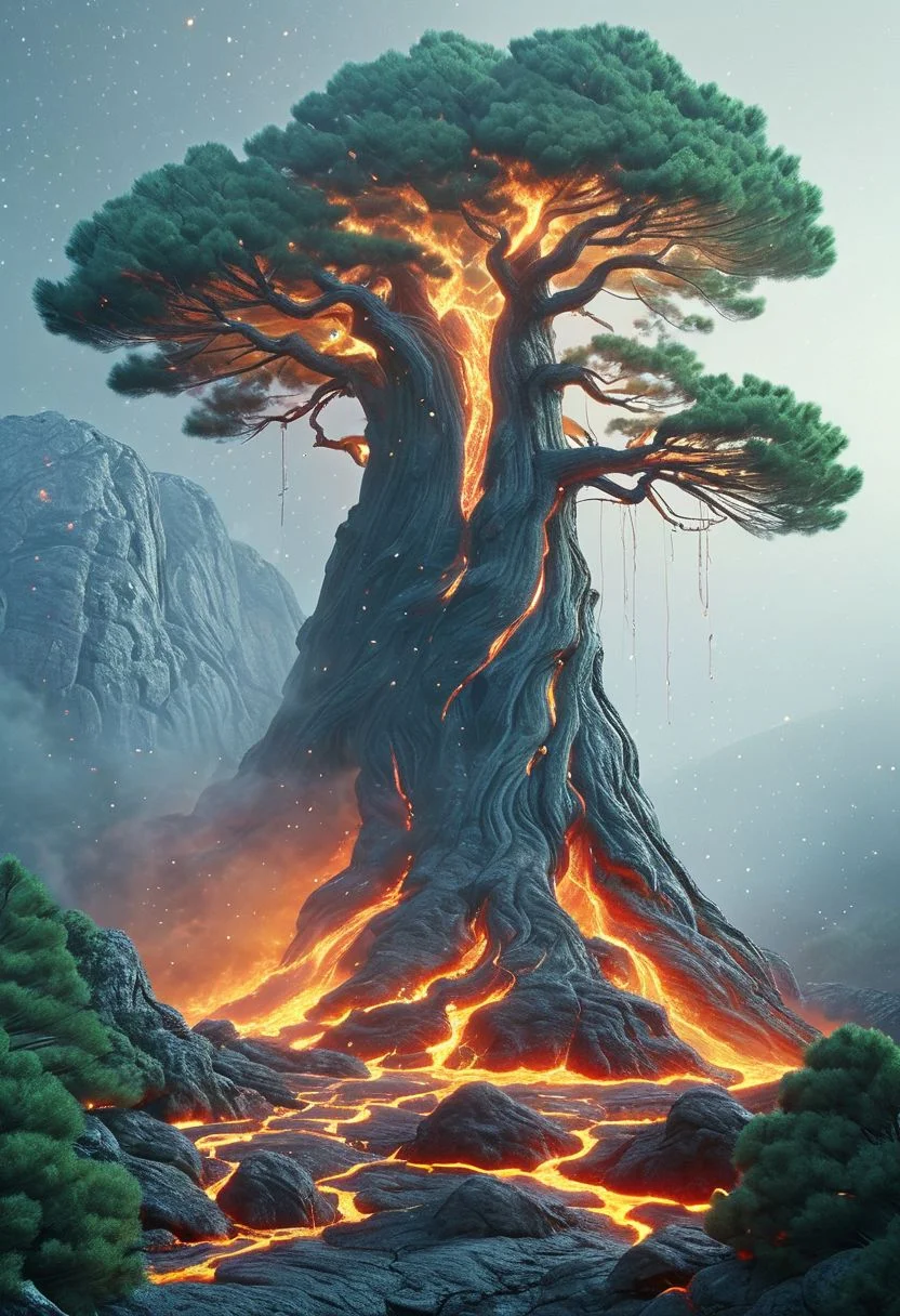 illustrations,KawaseHasui,Landscape Painting, (Giant Pine: 1.5), Space Concept Art Style, Ethereal, , Outdoor Painting, Mystic Jungle, crackedmagma