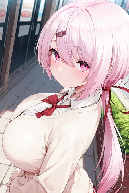 1girl, ShiinaYuikaNijisanji,
general, solo, dynamic angle, from behind,
pink hair, hairclip, hair between eyes, eyelashes, pink eyes,
ponytail, huge breasts,
cardigan, collared shirt, neck ribbon,
dating, looking at viewer, glin,
<lora:kp_ShiinaYuikaNijisanji1stCostumeIllustrious_v1_0:1.0>,
masterpiece, best quality, amazing quality