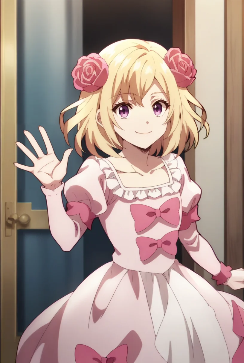 score_9_up,score_8_up,score_7_up,<lora:CDE_JS_pony-000018:1>,
CDE_JS,blonde hair,hair flower,medium hair,purple eyes,solo,
pink dress,pink bow,pink flower,frills,
collarbone,cowboy_shot,smile,waving