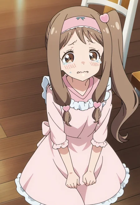 score_9, source_anime, hayase kinue, long hair, brown hair, brown eyes, 1girl, solo, hairband, tears, wooden floor, side ponytail, dress, wavy mouth, hair ornament, chair, apron