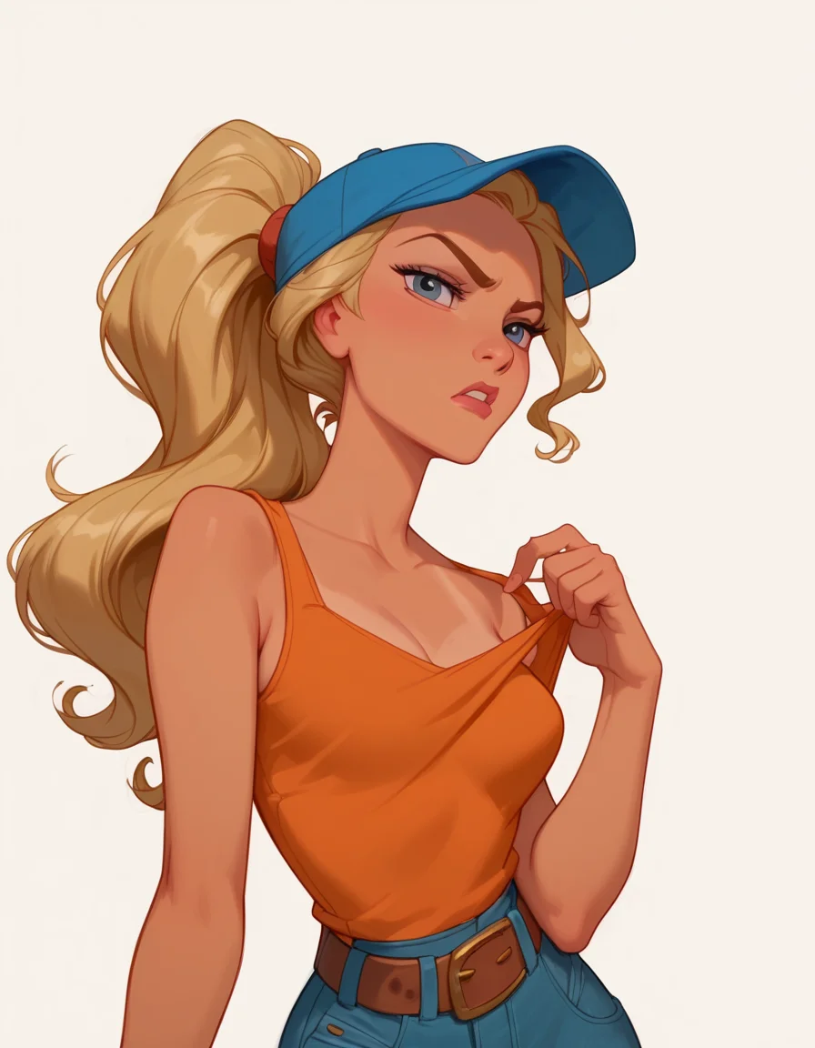 <lora:Disney_Style:.9> <lora:princess_xl_v2:.75> <lora:add-detail-xl:.9> <lora:g0th1cPXL:.3> <lora:Cherry-Gig:.45> <lora:Expressive_H:1> <lora:PLASTT_PonyV6:1> score_9, score_8_up, score_7_up, zPDXL, DisneyRenstyle, score_9,score_8_up,score_7_up,score_6_up,
(white background, plain background, ambient lighting), (standing, 3/4 view),
1girl, solo, sexy 18 year old, (tan skin), blonde hair, ponytail, wavy hair, dark orange tank top, blue baseball cap, brown belt, jeans, white bandage on bicep,
serious expression, annoyed, eyebrow raise, narrow eyes, flirty, grey eyes, slender, sexy pose, legs spread,
perfect hands, 5 fingers, slender waist,