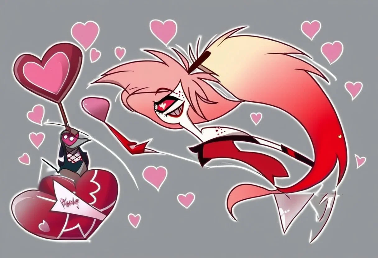 heart floating, heart-shaped pupils, aroused, heart eyes, cupid arrow, Valentine's day themed, Cherri bomb, hazbin hotel