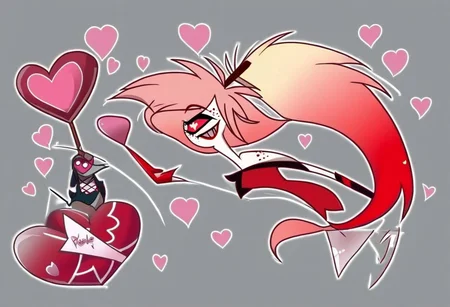 heart floating, heart-shaped pupils, aroused, heart eyes, cupid arrow, Valentine's day themed, Cherri bomb, hazbin hotel
