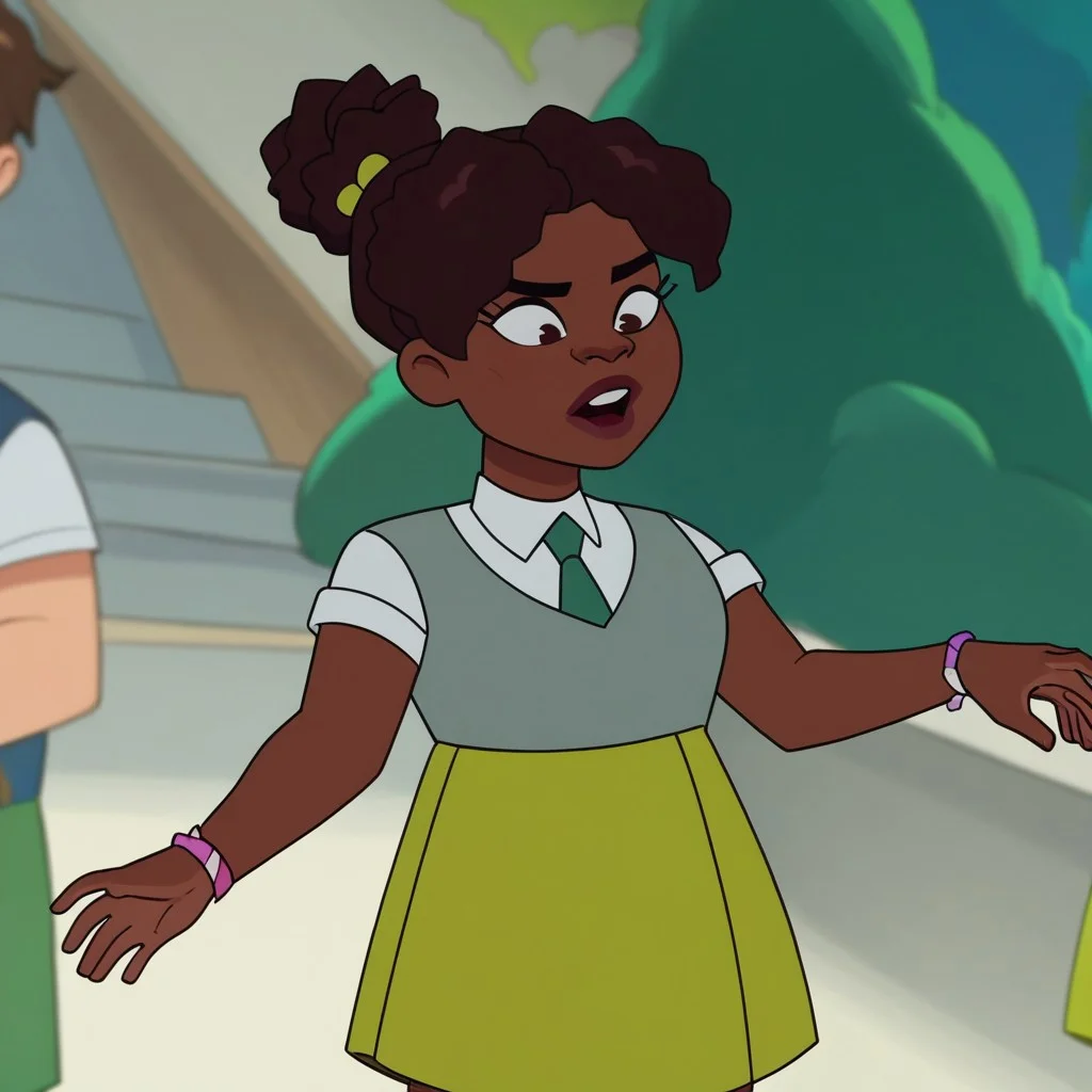 Depth of field.score_9_up, score_8_up, score_7_up, Kennedy, Dark Skin, Brown hair, Dark-skinned female, Shirt,green necktie,green skirt, easynegative