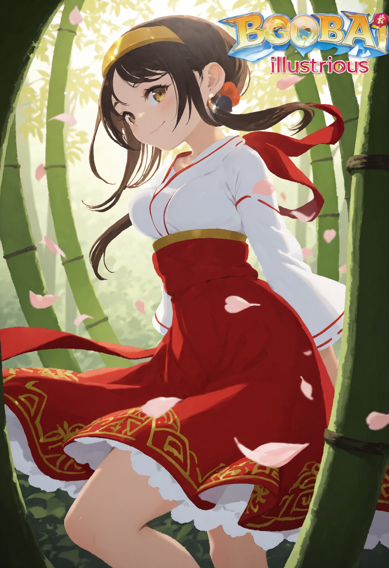 The logo for the game "BoobAi illustrious" is prominently displayed in the top of the image. The text, "BoobAi illustrious" is written in a bold, neon font. A stunning young woman dressed in an exquisite Reimu Hakurei cosplay, standing gracefully in a serene bamboo forest bathed in soft, warm sunlight. She has a gentle yet mischievous smile on her face, and her hands are hidden behind her back, creating an air of mystery. Her outfit is immaculate, with every detail perfectly replicated: the iconic red-and-white miko robes adorned with intricate gold embroidery, a matching headband, and a flowing red ribbon tied elegantly around her waist. The light filtering through the trees casts dappled shadows that dance across her figure, enhancing the dreamlike quality of the scene. In the distance, faint cherry blossom petals drift lazily through the air, adding to the tranquil ambiance.