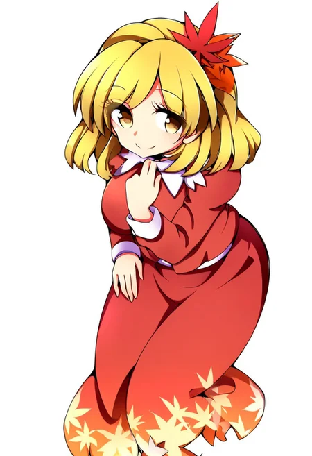 baba style, ((white background)), 1girl, solo, (standing), (posing), (looking at viewer), (145), ((large breasts)), ((tall)), smile, ((aki shizuha)), blondie hair, short hair, yellow eyes, red shirt, long sleeves, red skirt, leaf hair ornament, maple leaf, autumn leaves, legs