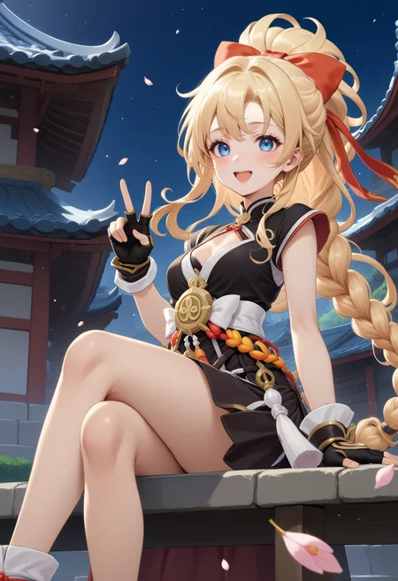 masterpiece, best quality, very aesthetic, absurdres, rom_sarah_xl,
1girl, blonde hair, braid, hair bow, blue eyes, smile, open mouth, fingerless gloves, 
sitting, crossed legs, v, peace sign, east asian architecture, 
outdoors, cherry blossoms, (wind, falling petals, light particles:1.4), light rays, tyndall effect, vivid colors, tranquil and magical atmosphere,
shiny skin, beautiful face, beautiful eyes, extreme detailed, official art, professional illustration, hires,
<lora:rom_sarah_xl:1>, <lora:aesthetic_anime_v1s:0.5>, <lora:add_details_xl:0.5>