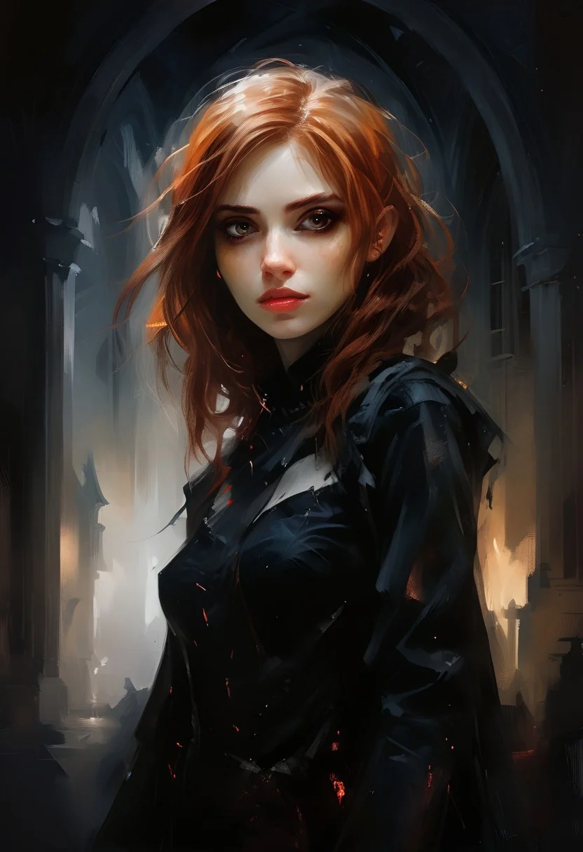 A ((vampire woman)) with Red hair and Luminous eyes looks at the camera smiling open mouth, Beautiful picture of the character, character portrait, black robe, character portrait, 🤤 Charlie Bowater character art, epic portrait illustration, подробныи character portrait, neo-artcore and Charlie Bowater, high quality portrait, fantasy concept art portrait, detailed matte fantasy portrait, charlie bowater art style, Detailed beautiful portrait, fantasy art portrait, dark, chiaroscuro, low-key, oil and watercolor painting