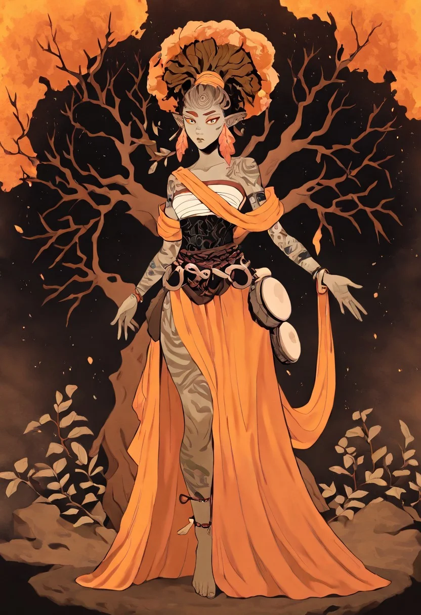 masterpiece, best quality, newest, absurdres, highres, AGPV1.1, orange backgrond, monochrome,
1girl, EURY-V1.1, tree, tree on head, tree hair, plant girl, plant hair, orange eyebrows, plant humanoid, dryad, jewelry, yellow hair, tattoo, anklet, sarashi,